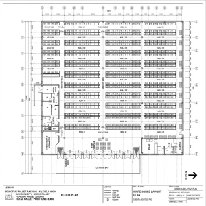Warehouse floor plan with pallet racks, office, toilets, loading bay, staging area, and equipment charging bay.